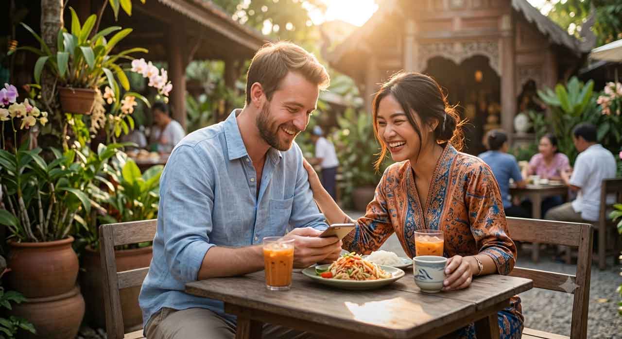 Couple enjoying a romantic walk in Thailand
